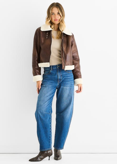 Brown Faux Leather Shearling Fur Aviator Jacket - Image 1