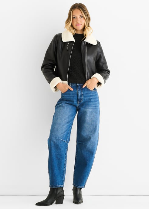 Black Faux Leather Shearling Fur Aviator Jacket - Image 1