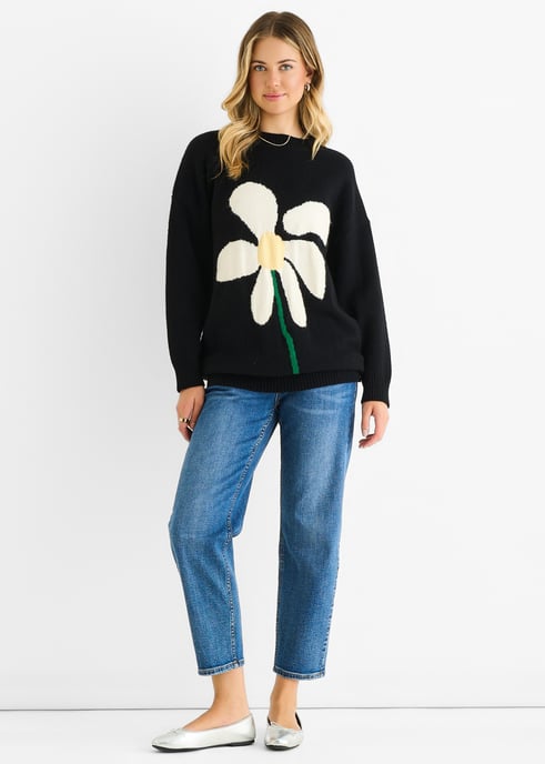 Svart målad blommig stickad oversized lång tröja - Image 1