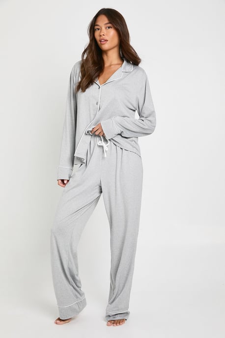 Jersey Piping Detail Long Sleeve Shirt & Trousers Pyjama Set - Image 1