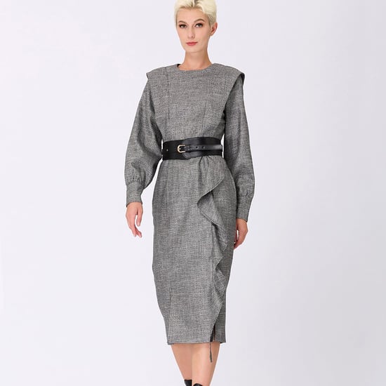 Tailor dress with wide shoulder and vertical ruffle - Image 1