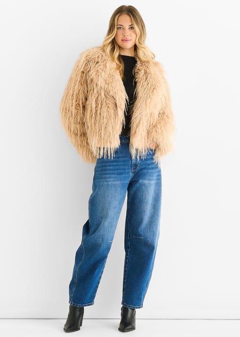 Light Camel Plain Fringe Faux Fur Short Jacket - Image 1