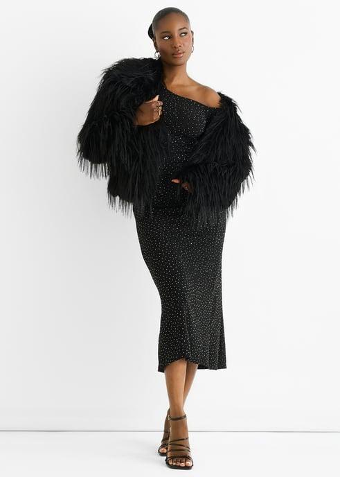 Black Plain Fringe Faux Fur Short Jacket - Image 1
