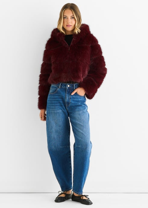 Burgundy Panel Fuskpäls Zip Framhänge Jacka - Image 1
