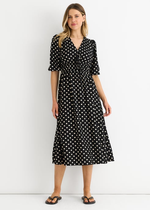 Black Spot Print Shirred Waist Shift Midi Dress - Image 1