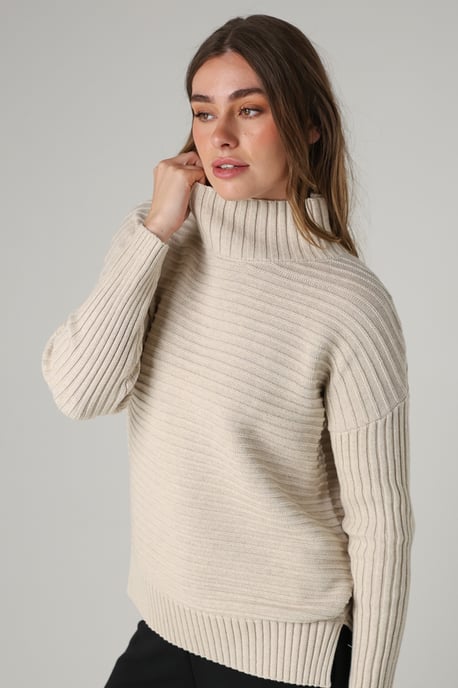 Beige Cotton Ribbed Knit High Neck Jumper - Image 1