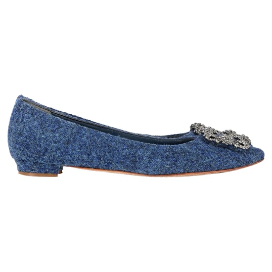 Manolo Blahnik Hangisi Embellished Flats in Blue Tweed - Image 1