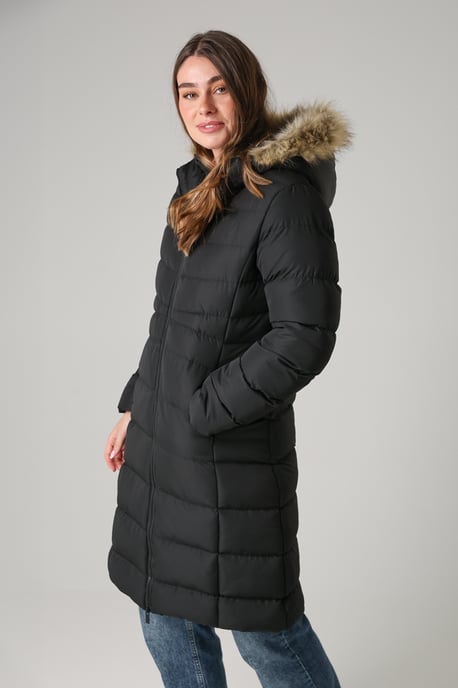 Black Midi Padded Parka Jacket With Faux Fur Hood - Image 1
