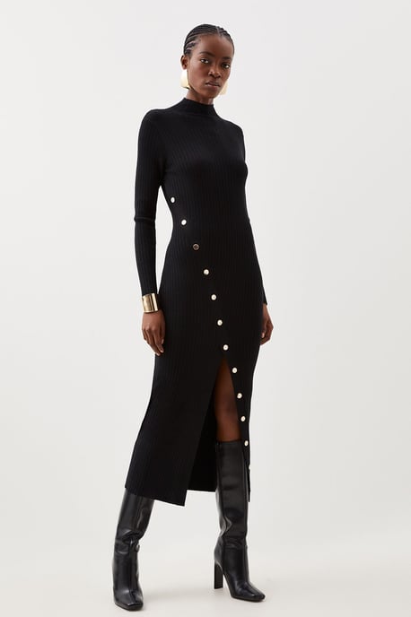 Viscose Blend Popper Detail Split Knit Midi Dress - Image 1