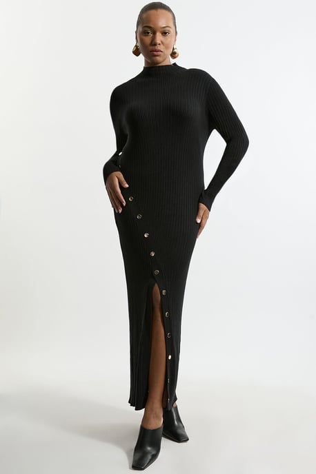 Plus Size Viscose Blend Popper Detail Split Knit Midi Dress - Image 1