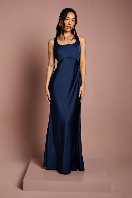 Square Neck Satin and Crepe Bridesmaids Dress with Bow Back - Image 1