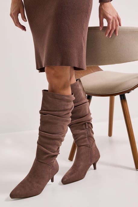 Wide Fit Khloe Faux Suede Kitten Heel Knee High Ruched Boots - Image 1