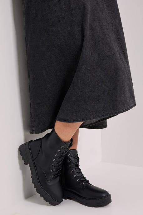 Wide Fit Maryam Faux Leather Lace Up Chunky Ankle Boots - Image 1
