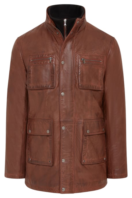 Mens Brown Leather Military Jacket Outwear Coat - Field - Image 1