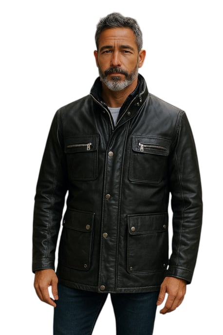 Mens Black Leather Military Jacket Outwear Coat - Moura - Image 1