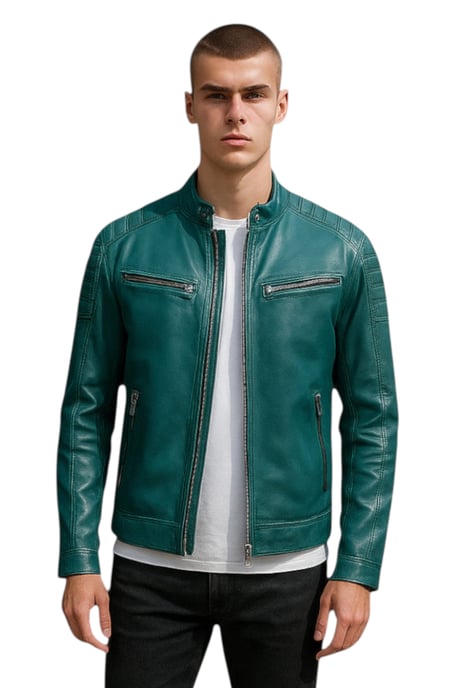 Mens Green Modern Classic Leather Quilted Biker Jacket - Mackay - Image 1