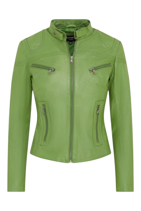 Womens Green Slim-Fit Leather Biker Jacket-Maldon - Image 1