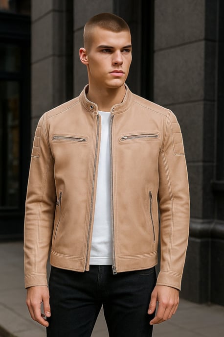 Mens Beige Modern Classic Leather Quilted Biker Jacket - Smithton - Image 1