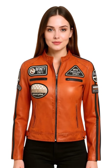 Dames oranje leren bikerjack met racebadges - Dalby - Image 1