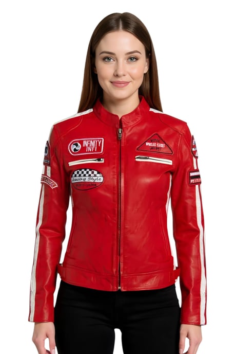 Dames rode leren bikerjack met racebadges - Dalby - Image 1