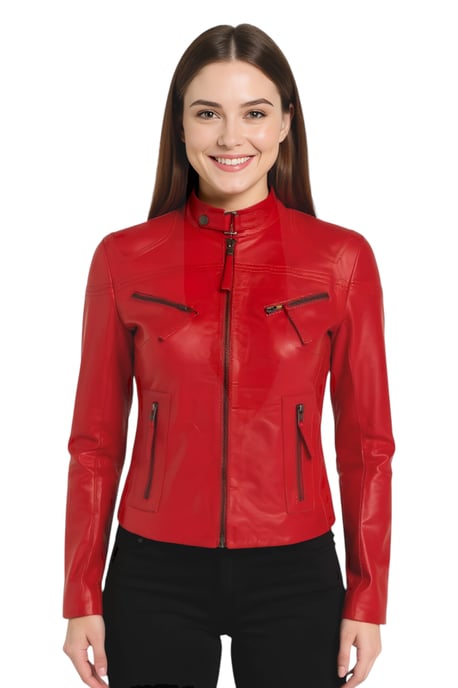 Womens Red Casual Slim-Fit Leather Biker Jacket-Tulsa - Image 1