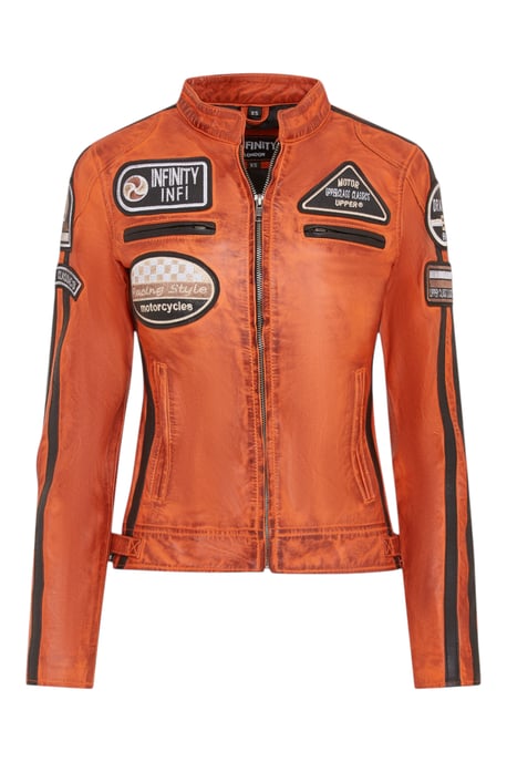Womens Orange Leather Biker Racing Badges Jacket-Agadir - Image 1