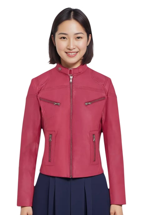 Rosa, avslappnad, slim-fit läderbikerjacka för kvinnor – Tulsa - Image 1