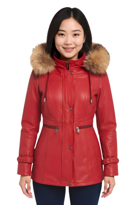Dames rode leren parka met capuchon - Putian - Image 1