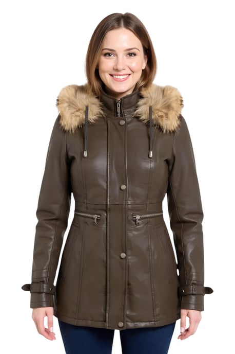 Womens Brown Leather Hooded Parka Jacket-Charleville - Image 1
