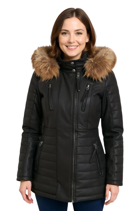 Dames Zwarte Gewatteerde Leren Parka Jas - Bowen - Image 1