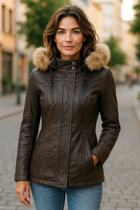 Dames bruine gewatteerde leren parka-jas - Winton - Image 2