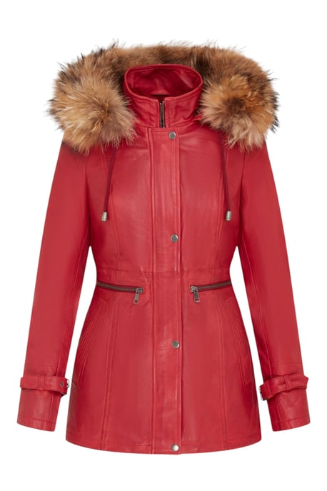 Dames rode warme leren parka met capuchon - Northwich - Image 1
