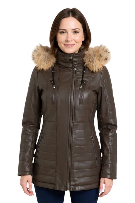 Dames Bruine Gewatteerde Leren Parka Jas - Bowen - Image 1