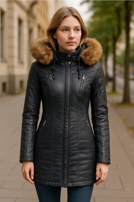 Dames blauwe gewatteerde leren parka-jas - Winton - Image 2