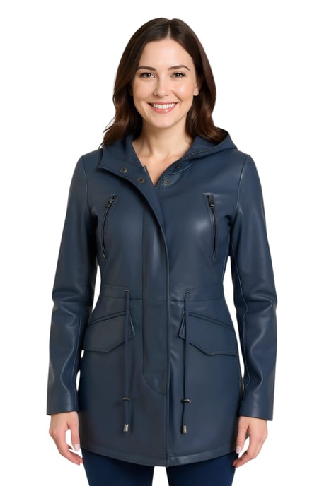Womens Blue Leather Hooded Parka Jacket-Cairns - Image 1