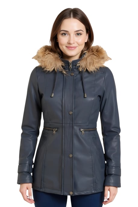 Womens Blue Leather Hooded Parka Jacket-Charleville - Image 1