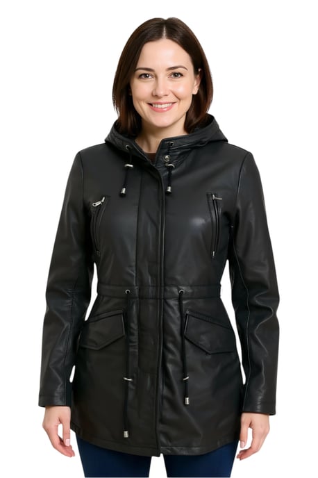 Womens Black Leather Hooded Parka Jacket-Cairns - Image 1