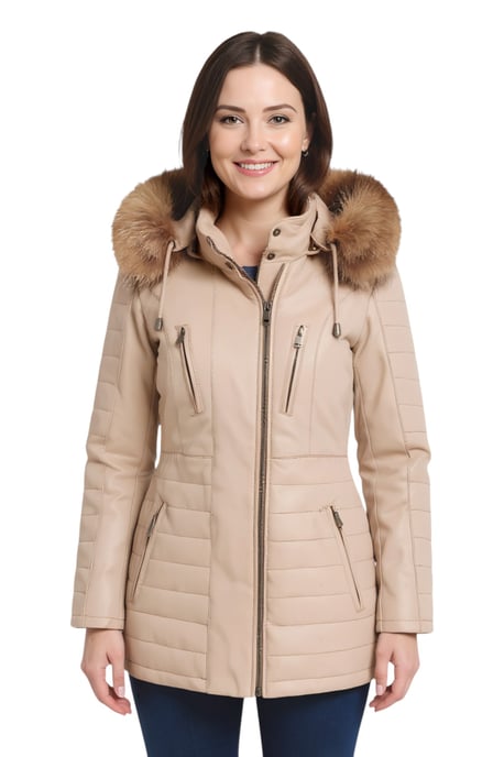 Womens Beige Womens Beige Quilted Leather Parka Jacket-Bowen - Image 1