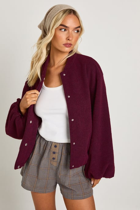 Balloon Sleeve Wool Look Bomber Jacket - Image 1