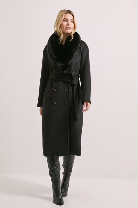 Faux Fur Collar Belted Longline Coat - Image 1