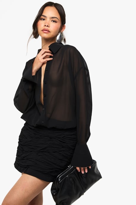 Chiffon Drop Waist Ruched Shirt Dress - Image 1
