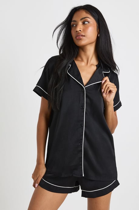 Satin Piping Detail Short Sleeve Shirt & Shorts Pyjama Set - Image 1