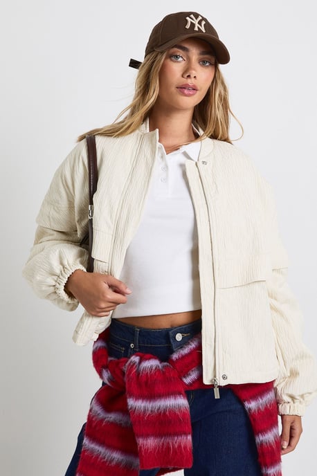Textured Collarless Bomber Jacket - Image 1