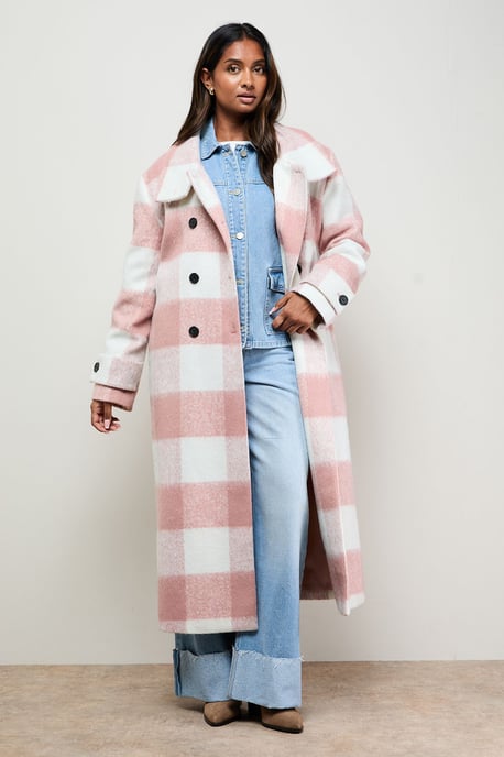 Brushed Check Funnel Neck Coat - Image 1