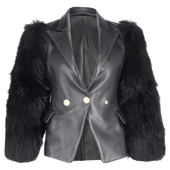 Balmain Single Breasted Fur Sleeve Blazer in Black Leather - Image 1