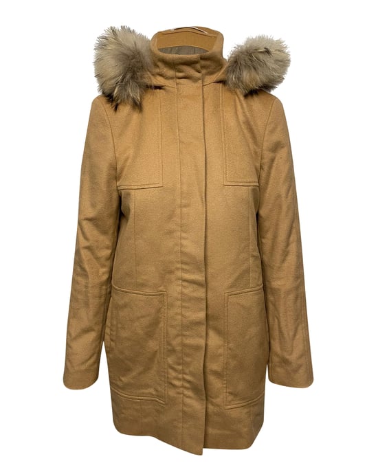 Boss Coat with Fur-trimmed Hood in Yellow Camel Wool - Image 1