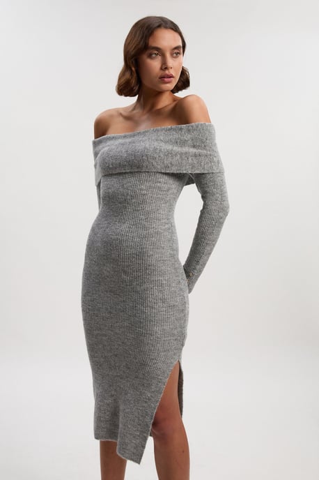 Wool Blend Cosy Bardot Knit Midi Dress - Image 1