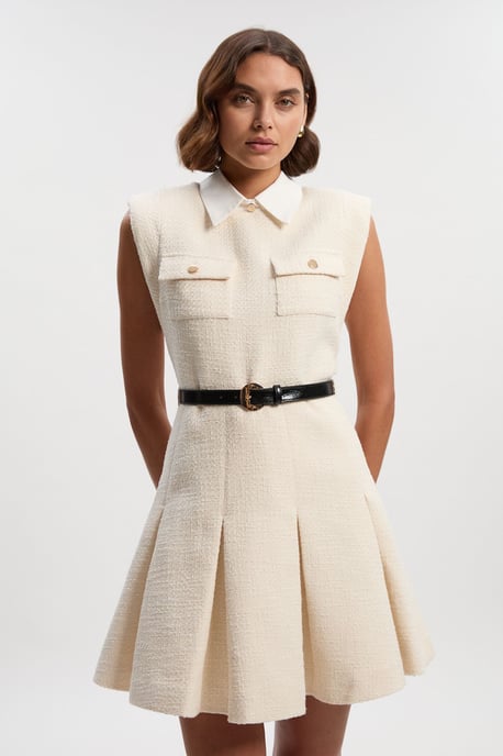 Textured Tweed Contrast Collar Pleated Tailored Mini Dress - Image 1