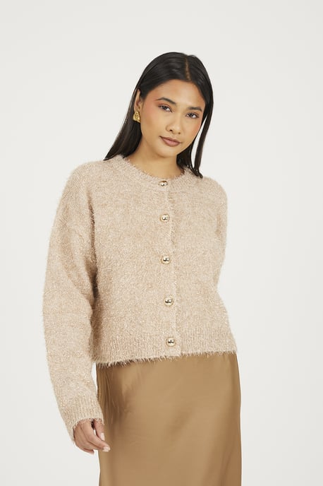 Gold Fluffy Tinsel Knit Cardigan - Image 1