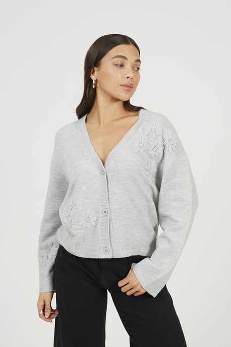 Light Grey Floral Embroidery V-Neck Cardigan - Image 1